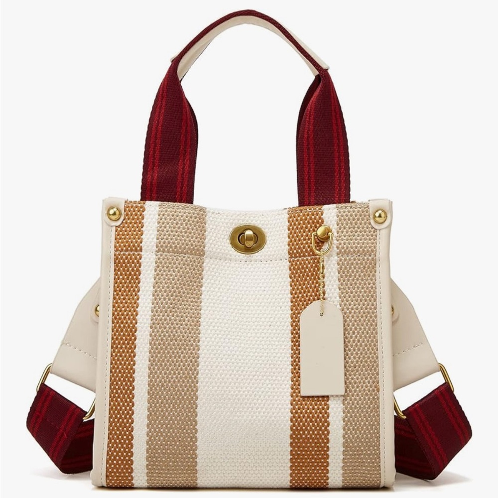 Canvas Stripe Crossbody Tote Bag - Cream & Tan with Red Strap